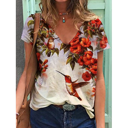 

Women's Casual Weekend Floral Butterfly Painting T shirt Tee Floral Butterfly Bird Short Sleeve Print V Neck Basic Tops Green Blue Pink S / 3D Print