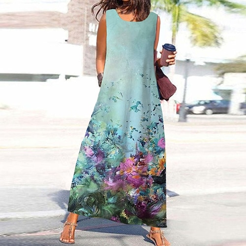 

Women's A Line Dress Maxi long Dress Green Blue Sleeveless Floral Pocket Print Spring Summer Round Neck Stylish Casual Vacation 2022 S M L XL XXL 3XL