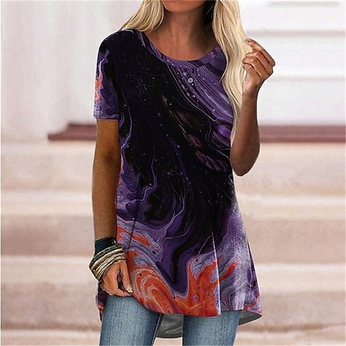 

Mulheres Vestido T shirt Roxo Manga Curta Cores Gradiente Imprimir Primavera Verão Gola Redonda Ajuste Largo 2022 S M L XL XXL 3XL