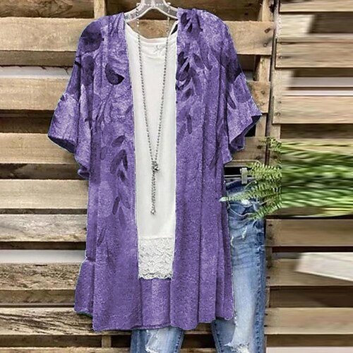 

Women's Plus Size Tops Blouse Shirt Plain Ruffle Print Short Sleeve V Neck Streetwear Daily Going out Polyester Spring Summer Purple