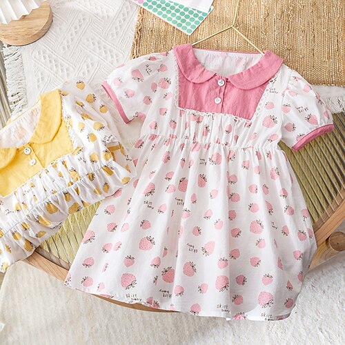 

Kids Little Girls' Dress Fruit A Line Dress Daily Holiday Ruched Print Pink Yellow Above Knee Short Sleeve Cute Sweet Dresses Spring Summer Regular Fit 2-8 Years