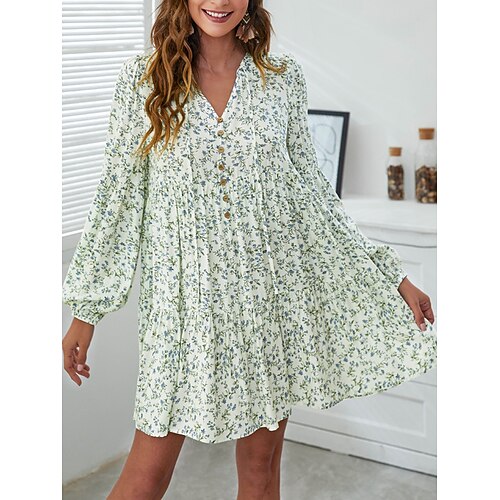 

Women's A Line Dress Short Mini Dress Green White Black Yellow Long Sleeve Print Print Fall Spring V Neck Stylish Casual 2022 S M L XL XXL