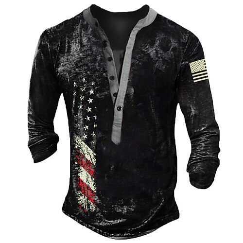 

Men's T shirt Tee Henley Shirt Graphic National Flag Henley Black 3D Print Street Casual Long Sleeve Button-Down Print Clothing Apparel Basic Fashion Classic Comfortable / Sports