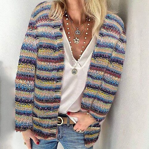 

Women's Cardigan Sweater Jumper Crochet Knit Knitted Striped V Neck Casual Daily Date Winter Fall Khaki S M L / Long Sleeve / Regular Fit