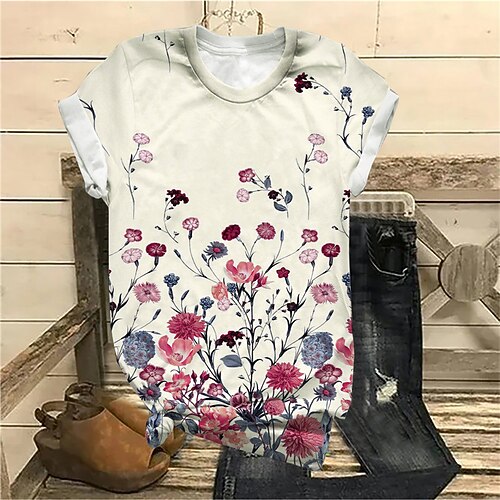 

Women's Plus Size Tops T shirt Floral Print Short Sleeve Crewneck Streetwear Daily Sports Cotton Spandex Jersey Spring Summer White
