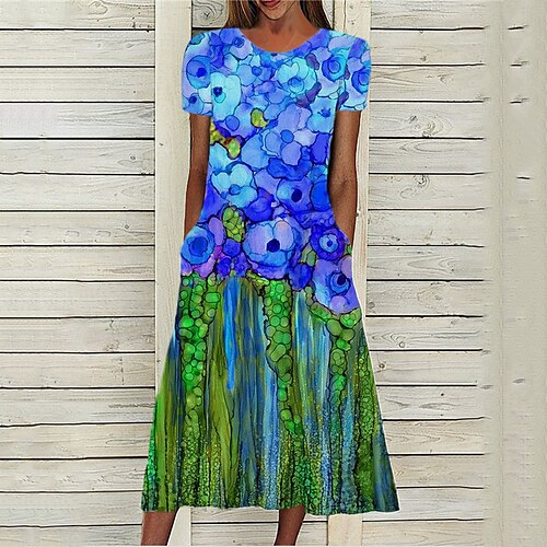 

Women's A Line Dress Midi Dress Blue Short Sleeve Floral Pocket Print Spring Summer Round Neck Stylish Casual Modern 2022 S M L XL XXL 3XL
