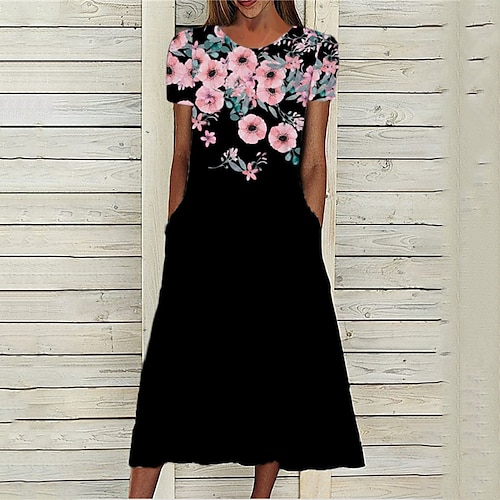 

Women's A Line Dress Midi Dress Black Short Sleeve Floral Pocket Print Spring Summer Round Neck Stylish Casual Modern 2022 S M L XL XXL 3XL