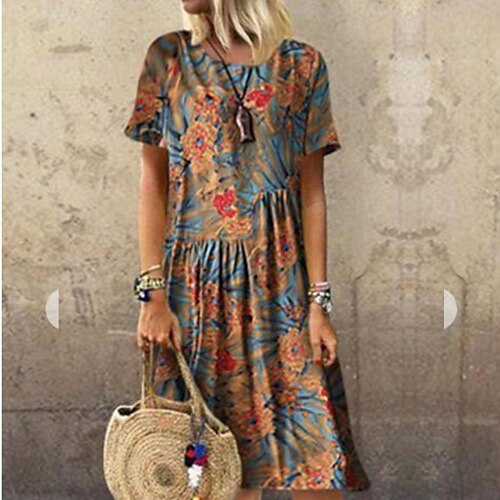 

Women's Floral Dress Yellow Short Sleeve Floral Ruched Spring Summer Crew Neck Weekend Loose Fit 2022 S M L XL XXL 3XL