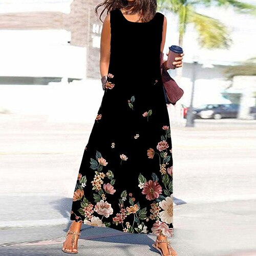 

Women's A Line Dress Maxi long Dress Black Sleeveless Floral Pocket Print Spring Summer Round Neck Stylish Casual Vacation 2022 S M L XL XXL 3XL