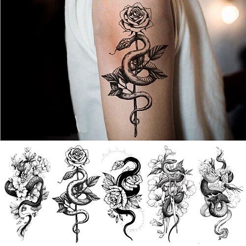 

5 pcs Fashion Temporary Tattoos Sticker Rose Snake Panda Beauty Tattoo Black White Waterproof Fake Tattoo Easy To Use Women Body Art