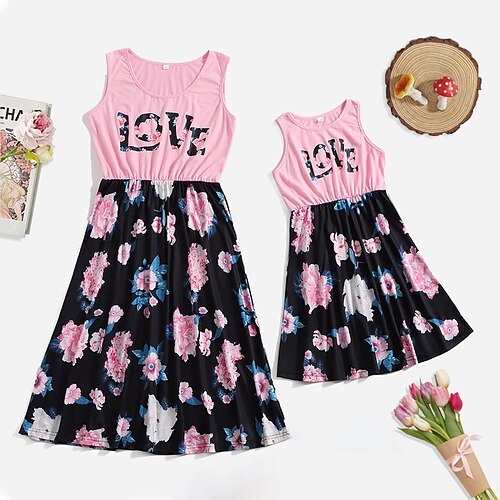 

Mommy and Me Valentines Dresses Floral Letter Daily Print Pink Sleeveless Knee-length Daily Matching Outfits / Summer / Sweet
