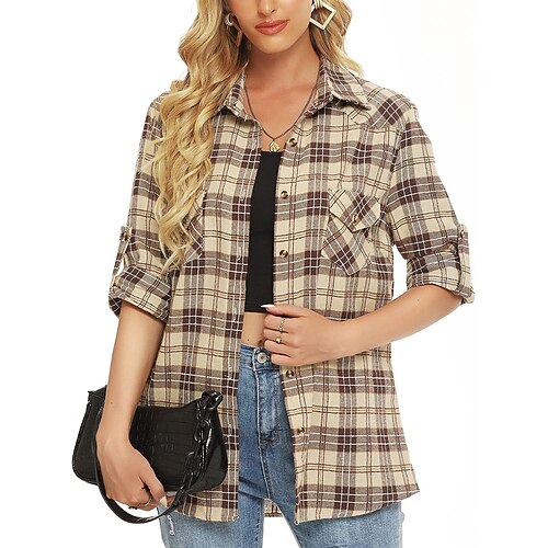 

Women's Blouse Shirt Plaid Pocket Button Print Shirt Collar Casual Streetwear Tops Khaki