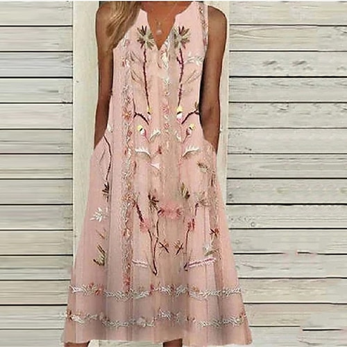 

Women's A Line Dress Midi Dress Pink Sleeveless Floral Pocket Print Spring Summer Round Neck Elegant Casual Vacation 2022 S M L XL XXL
