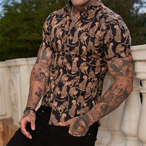 

Men's Shirt Animal Turndown Casual Daily Button-Down Print Short Sleeve Tops Casual Fashion Comfortable Sports Brown