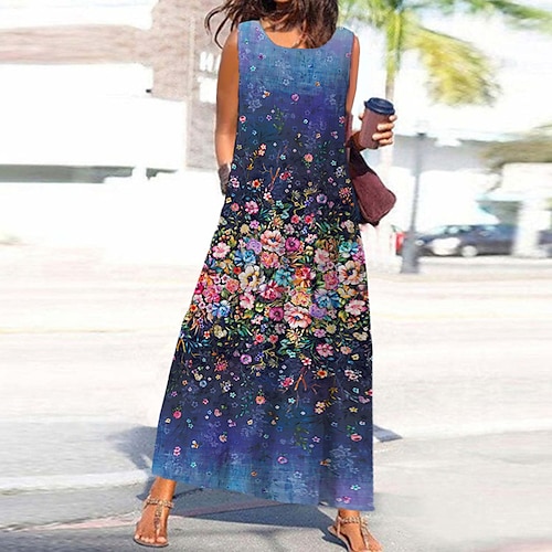 

Mulheres Vestido A Line Vestido maxi longo Azul Sem Manga Floral Bolsos Imprimir Primavera Verão Decote Redondo à moda Casual Férias 2022 S M L XL XXL 3XL