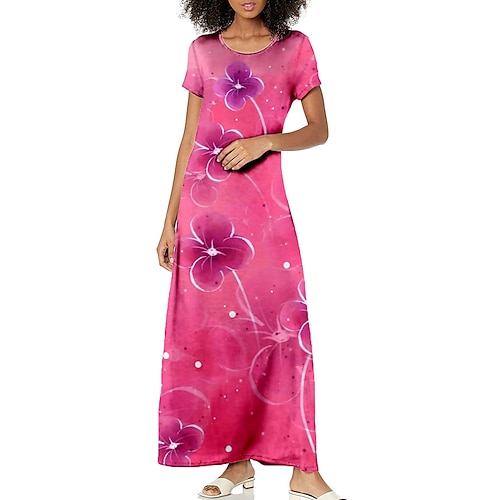 

Women's A Line Dress Maxi long Dress Green Pink Red Short Sleeve Floral Print Spring Summer Crew Neck Vacation Classic 2022 S M L XL XXL 3XL / 3D Print