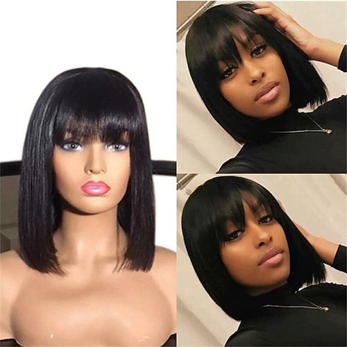 

Human Hair Wig with Neat Bang Full Machine Made For Women Straight Short Bob Wig Pixie Cut Brazilian Hair None Lace 150% Density Capless Wig Natural Black