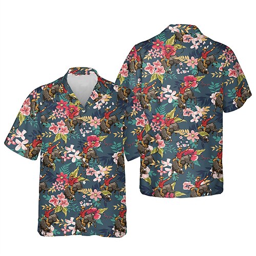 

Men's Shirt Floral Turndown Casual Daily Button-Down Print Short Sleeve Tops Casual Fashion Comfortable Sports Blue-Green