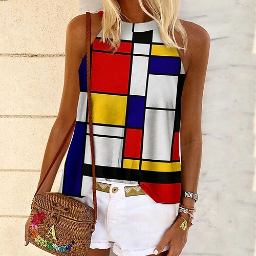 

Women's Tank Top Vest Red Geometric Print Sleeveless Daily Weekend Streetwear Casual Round Neck Regular Geometric S