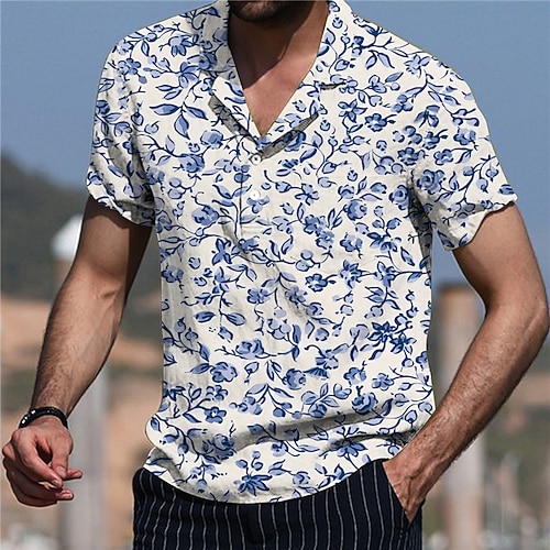 

Men's Shirt Print Leaves Turndown Street Casual Button-Down Print Short Sleeve Tops Casual Fashion Designer Breathable Blue / Spring / Summer