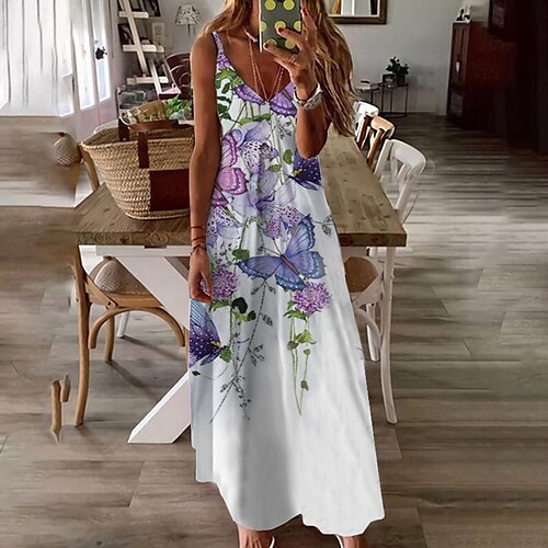 

Women's A Line Dress Maxi long Dress White Sleeveless Floral Butterfly Animal Print Spring Summer Spaghetti Strap Stylish Casual Vacation 2022 S M L XL XXL 3XL