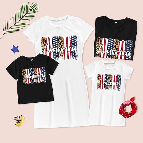 

Family Look American National Day Dresses T shirt Tops Leopard Star Letter Causal Print Multicolor Short Sleeve Knee-length Casual Matching Outfits