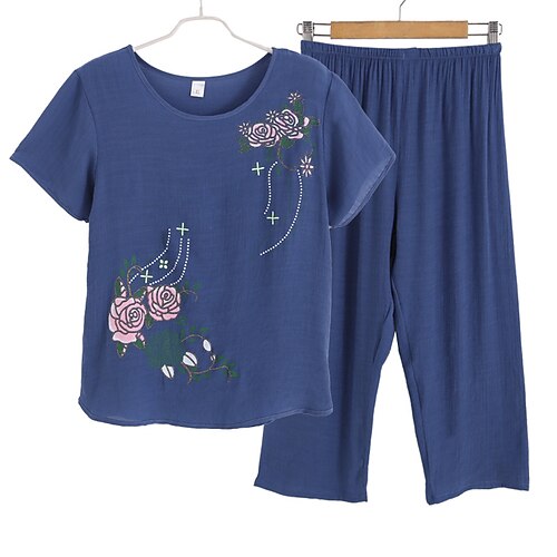 

Women's Loungewear Sets Nighty Flower Comfort Sweet Home Mother's Day Linen Gift Crew Neck Short Sleeve Print Spring Summer Green Pink