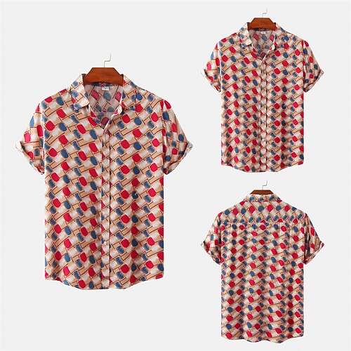 

Men's Shirt 3D Print Plaid Graphic Turndown Casual Daily Button-Down Print Short Sleeve Tops Fashion Classic Breathable Comfortable Red