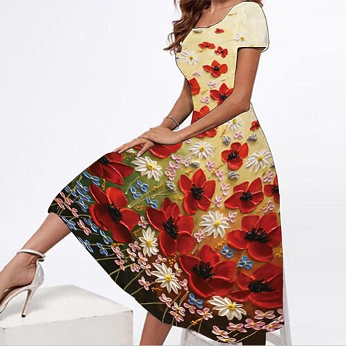 

Women's Swing Dress Maxi long Dress Wine Yellow Short Sleeve Floral Butterfly Print Spring Summer Square Neck Stylish Casual 2022 S M L XL XXL 3XL