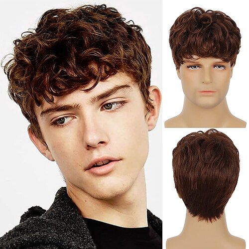 

mens brown wig short curly layered cosplay wig for boy guy synthetic halloween hair wig with wig cap