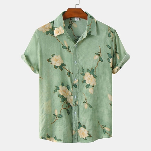 

Men's Floral Print Short-sleeved Shirt Spring and Summer Green