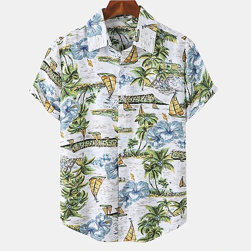

Men's Shirt Print Tree Turndown Casual Daily Button-Down Print Short Sleeve Tops Casual Fashion Green / White