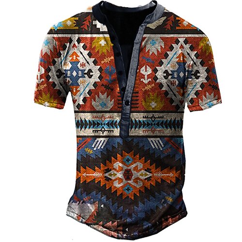 

Men's T shirt Tee Henley Shirt Graphic Argyle Henley Orange 3D Print Street Casual Short Sleeve Button-Down Print Clothing Apparel Basic Boho Classic Comfortable / Summer / Summer / Sports