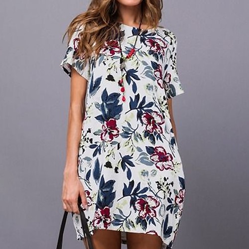 

Women's Shift Dress Knee Length Dress White Short Sleeve Floral Print Spring Summer Crew Neck Casual 2022 S M L XL XXL