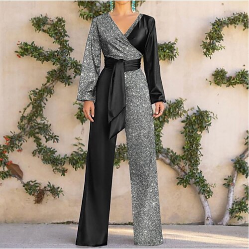 

Per donna Tuta Lacci Collage Color Block A V Elegante Feste Graduazione Dritto Standard Manica lunga Nero S M L Primavera