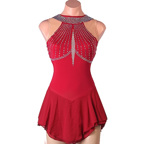 

Figure Skating Dress Women's Girls' Ice Skating Dress Burgundy Open Back Patchwork Mesh Spandex High Elasticity Training Practice Professional Skating Wear Classic Crystal / Rhinestone Sleeveless Ice