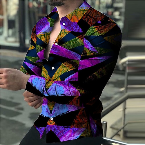 

Men's Shirt Graphic Shirt Color Block Turndown Purple Outdoor Street Long Sleeve Button-Down Print Clothing Apparel Fashion Designer Casual Breathable / Summer / Spring / Summer
