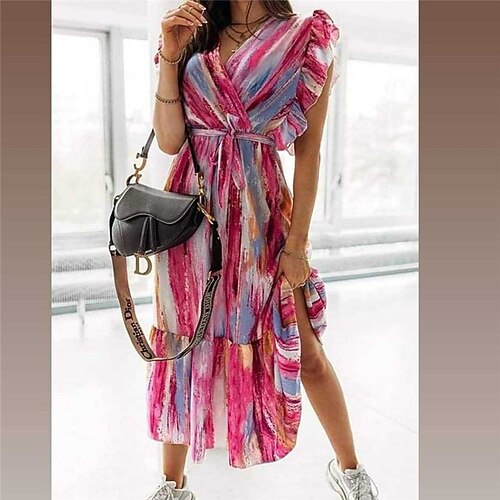 

Women's A Line Dress Midi Dress Blue Red Brown Sleeveless Color Gradient Ruffle Print Spring Summer V Neck Elegant Casual Vacation 2022 S M L XL