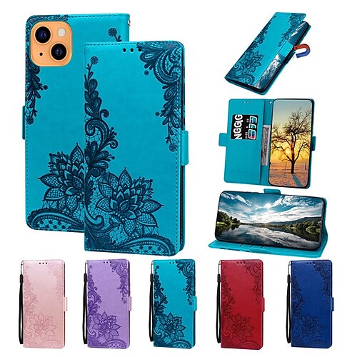 

Phone Case For Apple Wallet Card iPhone 13 Pro Max 12 Mini 11 X XR XS Max 8 7 Shockproof with Wrist Strap Card Holder Slots Solid Colored Flower PU Leather