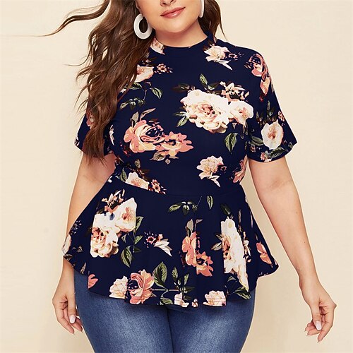 

Women's Plus Size Tops T shirt Floral Print Short Sleeve Crewneck Streetwear Daily Going out Polyester Spring Summer White Black