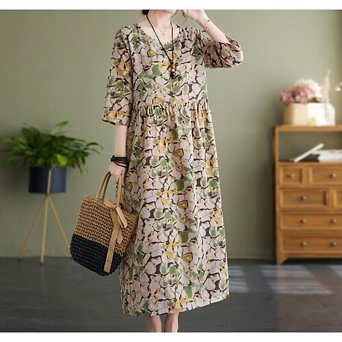 

Women's Shift Dress Knee Length Dress Red Yellow Short Sleeve Floral Print Print Summer Crew Neck Vintage Linen S M L XL XXL
