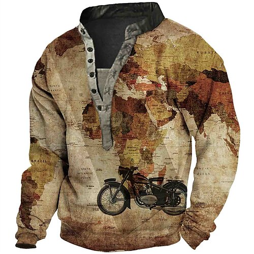 

Men's Unisex Sweatshirt Pullover Light Khaki. Standing Collar Graphic Map Motorcycle Print Casual Daily Sports 3D Print Streetwear Casual Big and Tall Spring & Summer Clothing Apparel Hoodies