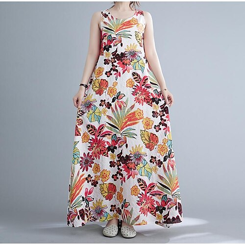 

Women's Swing Dress Maxi long Dress Green Blue Orange Red Yellow Sleeveless Floral Print Print Summer Crew Neck Boho Linen M L XL XXL