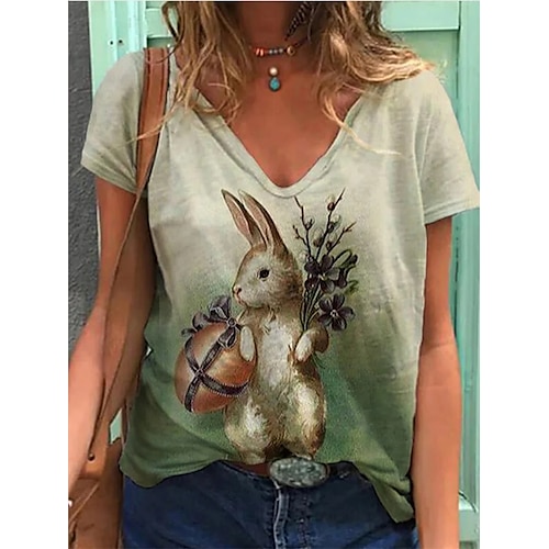 

Women's T shirt Animal Patchwork Print V Neck Basic Tops Green / 3D Print