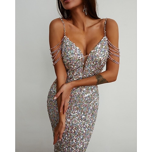 

Sheath / Column Cocktail Dresses Sparkle & Shine Dress Homecoming Knee Length Sleeveless V Neck Sequined with Sequin Pure Color 2022 / Cocktail Party
