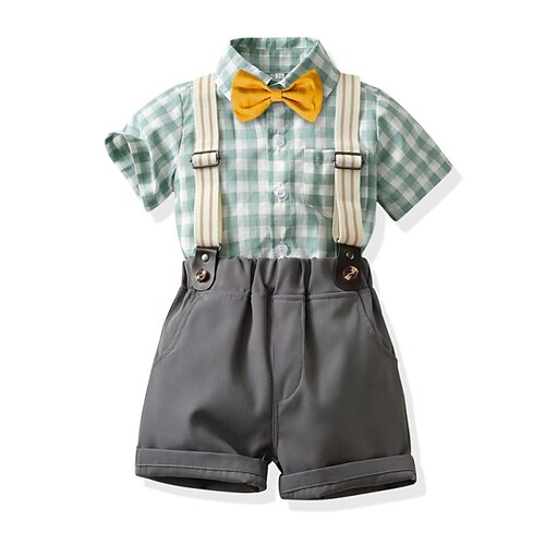 

Kids Boys Shirt Shorts Clothing Set 2 Pieces Short Sleeve Green Blue Plaid Bow Street Outdoor Casual Daily Regular 2-6 Years