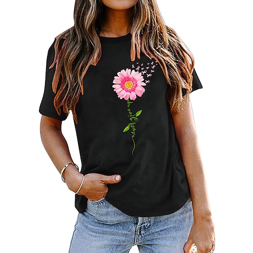 

Women's T shirt Tee Wine Army Green Dark Gray Floral Heart Print Short Sleeve Daily Going out Basic Round Neck Regular 100% Cotton S