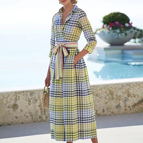 

Women's Shirt Dress Midi Dress Gold Long Sleeve Plaid Pocket Spring Summer Shirt Collar Casual 2022 S M L XL XXL 3XL