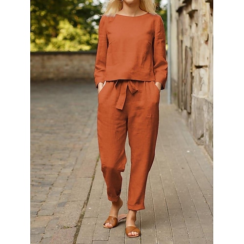 

Women's Shirt Pants Sets Active Basic Streetwear Blue Orange Dailywear Vacation Plain Lace up Round Neck Wide leg pants S M L XL 2XL