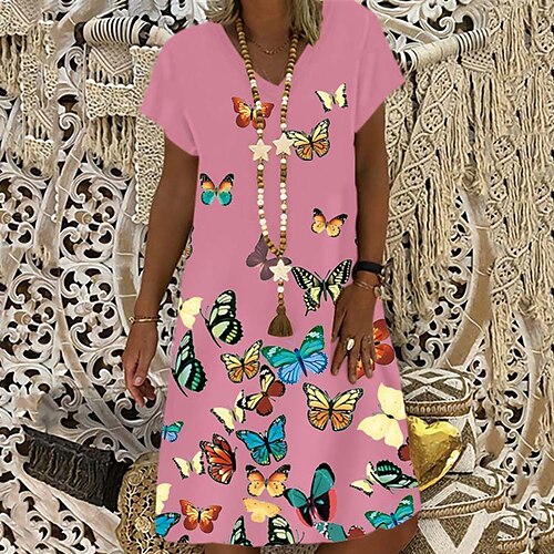 

Women's Casual Dress Shift Dress Black Blue Pink Short Sleeve Butterfly Print Spring Summer V Neck Weekend Under 10 S M L XL XXL 3XL 4XL 5XL